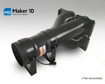 May include: Black plastic air duct with two inlets and a single outlet. The duct is mounted on a black metal stand. "Maker 10 Follow Your Passion" is printed on a blue square in the top left corner. "4" fan not included" is printed in the bottom right corner.
