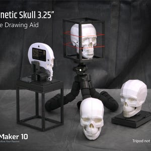 May include: White plastic skull model with magnetic joints, 3.25 inches in size, on a black stand. The skull is positioned on a tripod with a black and white flexible arm. The text "Magnetic Skull 3.25" and "Figure Drawing Aid" is displayed above the skull. The text "MO Maker 10 Follow Your Passion" is displayed below the skull. The text "Tripod not included" is displayed below the image.