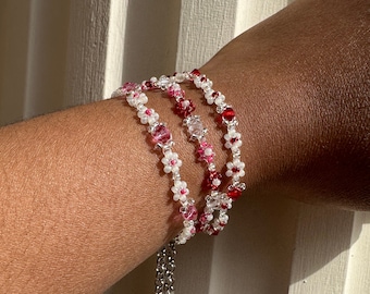 Princess Rosette | Red & Pink Crystal Daisy Beaded Bracelet | Handmade Dainty Flower Jewelry | Adjustable