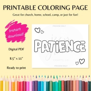 Patience Simple Coloring Page- Christian Faith Kids&#39; Coloring Sheet Craft- For Sunday School, Church, Kid&#39;s Ministry