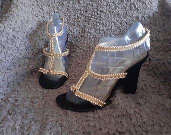 LORIBLU-Vero Cuoio-Made in Italy-Gold w/Crystals-Black Suede-Size 38-Excellent
