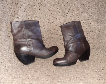 A.S. 98-AS 98-Brown/Black Leather-Moto Boots-Side Zip/Snap-Sz 38-Excellent