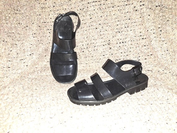 Y2K Vintage JUJU Jelly Shoe-Ankle Strap-Black Jelly-Chunky Heel-Sz 7UK/8US-NM