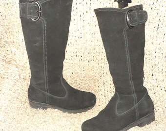 LA CANADIENNE-Valentina-Black Suede/Shearling Lined-Zip-Knee High-Sz 6-Excellent