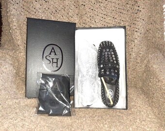 ASH-ONO-Black Leather-Silver Studded Loafers-Size 37-6.5-New In Box/Dustbag