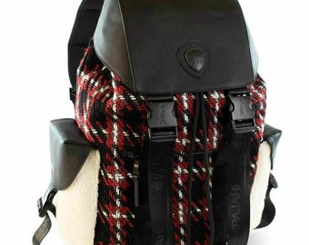 PAJAR-Logan Leather/Knit Luxury Special Force Sport Backpack-Black Plaid Mix-NWT