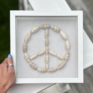 May include: A white framed picture with a peace sign made of seashells on a white background.