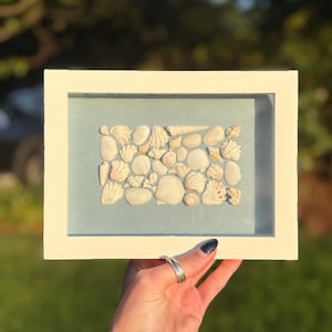 Shadowbox en coquillage artisanal – oeuvre d&#39;art murale côtière