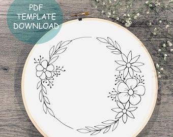 Borduurpatroon bloemenkrans: bloemenrandontwerp (digitale pdf)