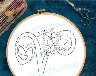 Bloemen alfabet V handborduurpatroon pdf digitale download DIY ambacht Valentijnscadeau