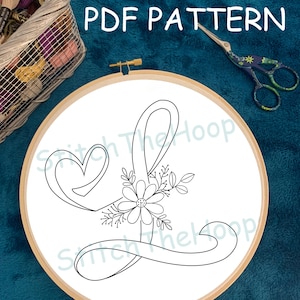Padrão de bordado floral do alfabeto L, padrão digital em PDF, artesanato faça você mesmo, presente de dia dos namorados, carta de coração de amor