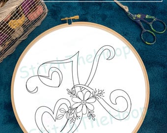 Bloemen alfabet K handborduurwerk pdf-patroon digitaal doe-het-zelf, valentijnscadeau