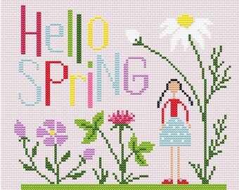 Hallo lente-kruissteekpatroon, pdf met bloemenborduurwerk (digitale download)