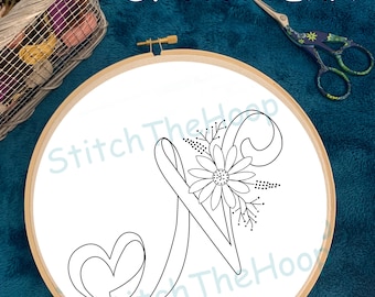 Bloemen alfabet N hand borduurpatroon pdf digitale download DIY ambacht valentijnscadeau