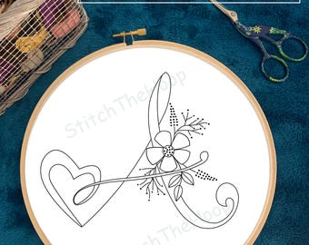 Bloemenalfabet A handborduurwerk pdf-patroon, initiaal A ontwerp, valentijnscadeau instant digitale download