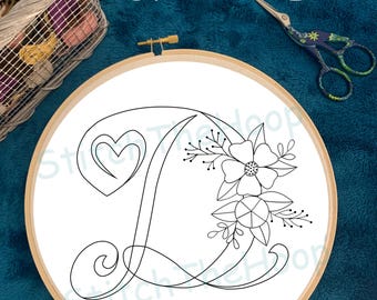 Bloemen alfabet Letter D handborduurwerk pdf-ontwerp DIY digitale download valentijnscadeau