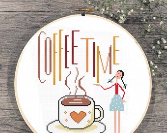 Koffietijd kruissteek, afdrukbare pdf (digitale download)