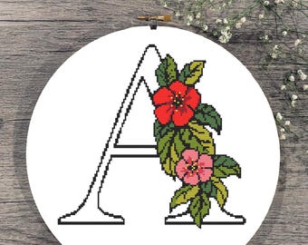 Bloemen letter A kruissteekpatroon, (digitale download pdf)