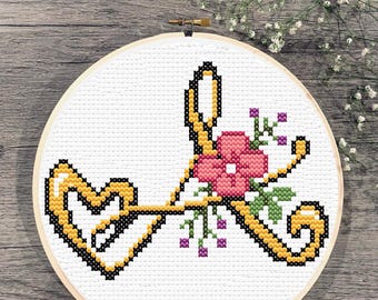 Bloemen letter A kruissteekpatroon, hartmonogram (digitale download pdf)