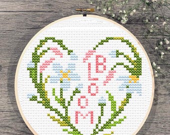 Daisy Heart-kruissteekpatroon, pdf met bloemenborduurwerk (digitale download)