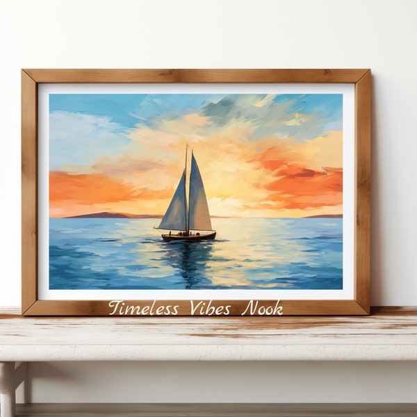 Abstracte zeilboot digitale print-levendige oceaan zonsondergang kunst aan de muur, nautische Home decor, afdrukbare zeegezicht, grote poster downloaden