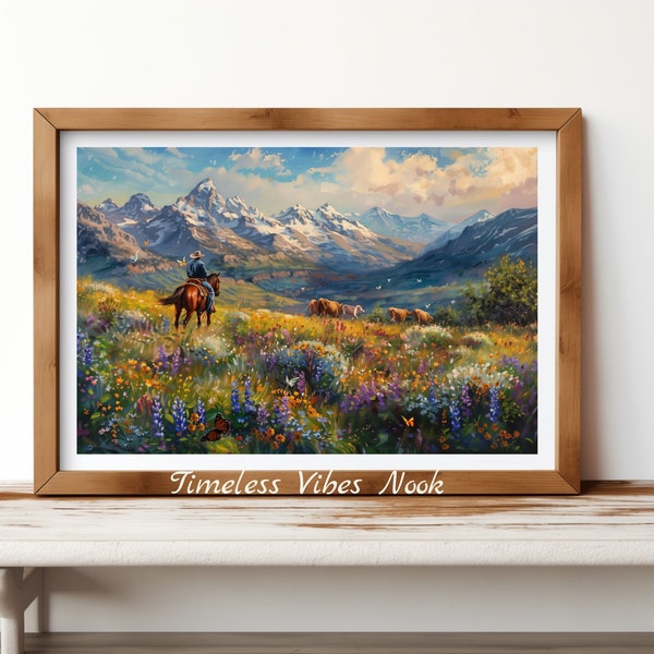 Rustic Cowboy and Cows Art Print - Western Landscape Painting, Mountain Scenery Wall Art, Wildflower Field Decor, Printable Horse Artwork