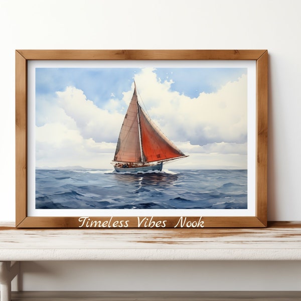 Nautische zeilboot afdrukbare kunst - oceaan zeegezicht aquarel, kustmuurkunst, zeildecor, afdrukbare bootposter, maritieme cadeau
