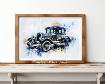 Vintage Watercolor Classic Car Digital Print - High-Resolution Download, Gift for Father's Day