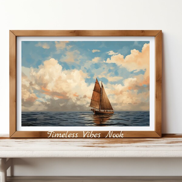 Nautische zeilboot digitale print - oceaanlandschap artwork, kustmuur decor, vintage stijl zee illustratie, zeilschip poster