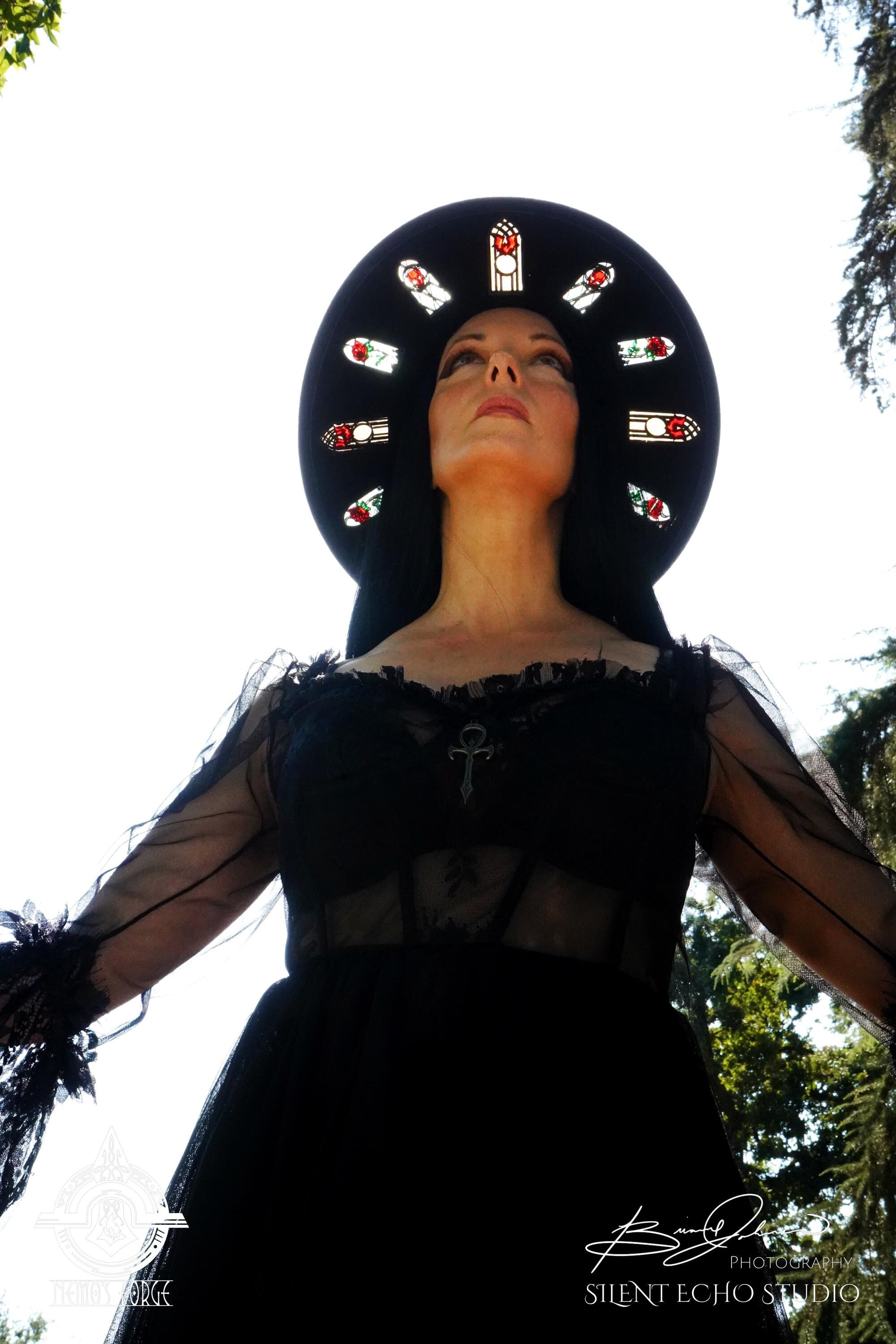 CUSTOMIZE Stained Glass Window Hat - All The Spook - Grisly Chapeau - Sun Catcher - Goth & Witchy Fashion - Memento Mori - Halo Hat