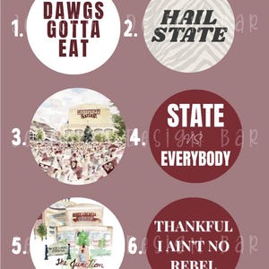 May include: Six circular stickers featuring Mississippi State University themes. Designs include maroon text reading 'DAWGS GOTTA EAT', 'HAIL STATE' on a zebra print, 'STATE VS. EVERYBODY', 'THANKFUL I AIN'T NO REBEL', and watercolor illustrations of a stadium and campus.
