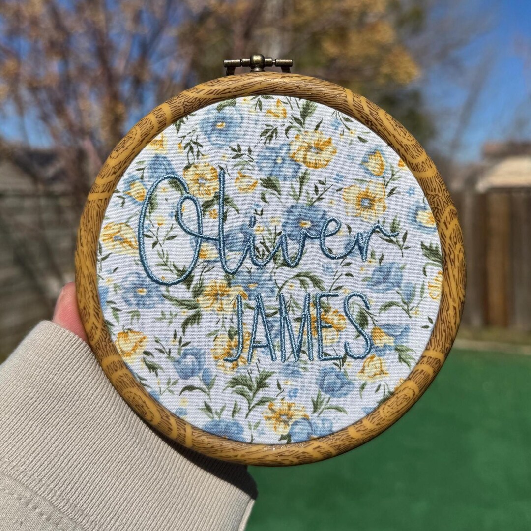 Personalized Blue Floral Baby Name Embroidery Hoop, Custom Nursery Sign ...