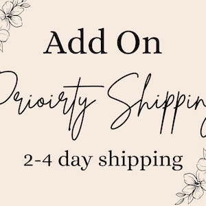 May include: A graphic with the words "Add On Priority Shipping" in black script. The text "2-4 day shipping" is below. Floral illustrations are in the corners on a light beige background.