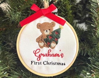Personalized Baby's First Christmas Ornament, Embroidered Teddy Bear Keepsake