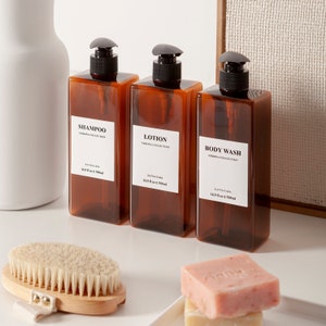 La Via Casa Shampoo Dispenser for Shower - Amber Shower Soap Dispenser with Waterproof Labels - 3 Bottles - With or Without Mounting Feature