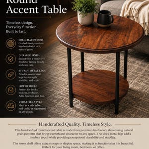 May include: A round accent table featuring a dark brown solid hardwood top with visible natural grain patterns, a matching lower shelf, and four straight black powder-coated steel legs. The table surface holds a small potted plant and a black mug.