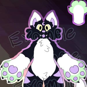 May include: A cartoon illustration of a cat-like creature with black and white fur, large paws, and a crescent moon face. The creature has green and purple accents, with the word "Example" written on the background.