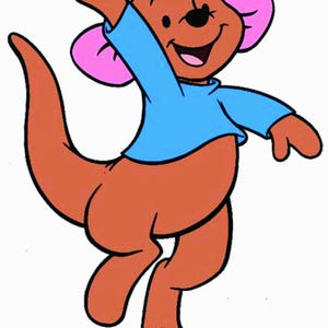 Puede incluir: Un canguro de dibujos animados con una camisa azul y orejas rosas, con una expresi&oacute;n feliz en su rostro.
