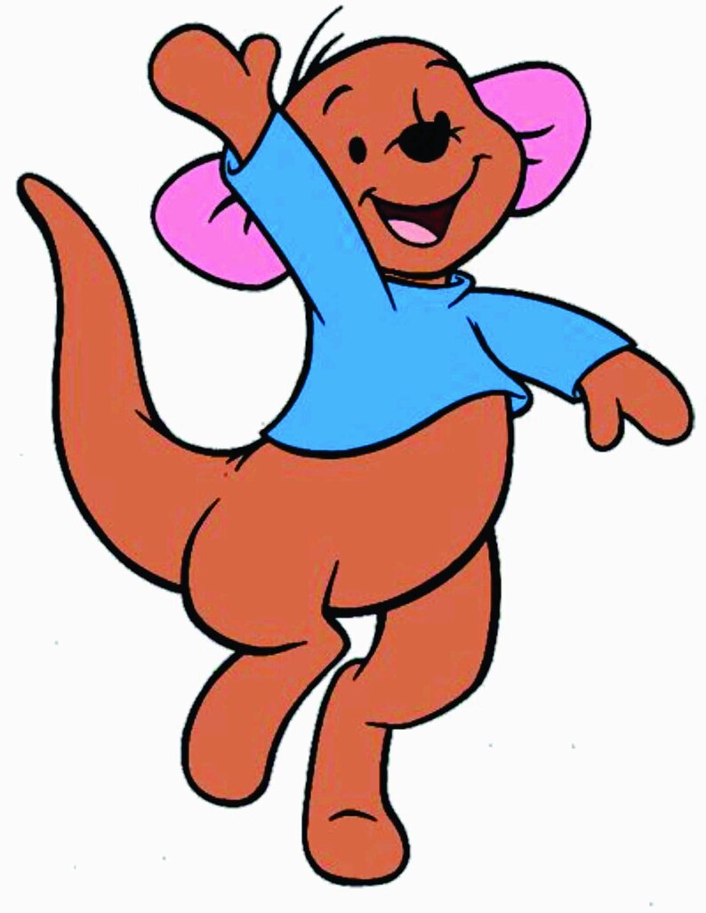 Puede incluir: Un canguro de dibujos animados con una camisa azul y orejas rosas, con una expresi&oacute;n feliz en su rostro.