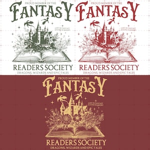 Könnte beinhalten: Grafikdesign zum Thema Fantasy mit dem Text "FANTASY READERS SOCIETY" und einer Burgillustration. Das Design umfasst Drachen und florale Elemente in Grün, Rot und Gold. Der Text lautet "Dragons, Wizards and Epic Tales" auf weißem und burgunderfarbenem Hintergrund.