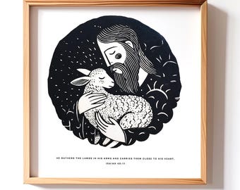 Isaiah 40:11 Bible Verse Nursery Wall Art - Jesus and Lamb Children's Bedroom Artwork Print