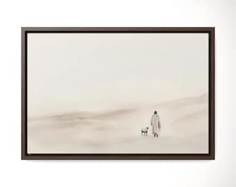 Könnte beinhalten: Ein Gemälde, das eine Person in einer langen Robe zeigt, die sich vom Betrachter wegbewegt, gefolgt von zwei kleinen Tieren. Der Hintergrund ist hellbeige und der Himmel ist hellblau.