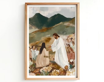 Impressão artística de Jesus curando uma mulher: decoração cristã inspiradora