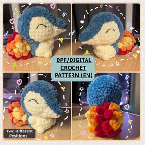 May include: A plush crochet creature with a blue head, cream-colored body, and a cluster of red, orange, and yellow spheres on its back. The image includes the text DPF/DIGITAL CROCHET PATTERN (EN) and Two Different Positions ! with decorative icons.