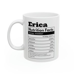 May include: White ceramic mug with the name "Erica" and a "Nutrition Facts" label. The label lists positive attributes like "Beautiful," "Loving," and "A Boss," with corresponding percentage values. The mug has a curved handle.