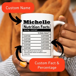 May include: A white ceramic mug featuring a custom "Nutrition Facts" label with the name "Michelle" at the top. The label includes fields for custom facts and percentages, with text that reads "Not a significant source of regret." The mug is held by a person.