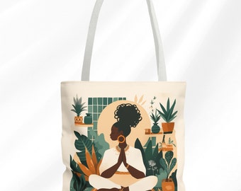 Black Queen Yoga Tote Bag: Meditation, Plants, Afro Art
