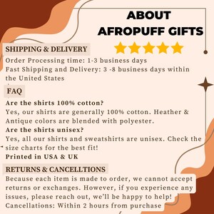 May include: A promotional graphic for AfroPuff Gifts, featuring text about the brand and product details. The design includes star ratings, FAQ, and information on shipping, returns, and cancellations. The text is printed in the USA & UK.
