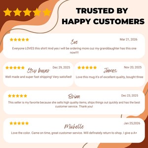 May include: A graphic with the text "TRUSTED BY HAPPY CUSTOMERS" and customer reviews. The reviews include customer names, dates, and comments about product quality, shipping, and customer service. The background has a light brown color.