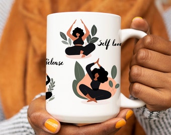 Black Woman Yoga Mug: Inspirational Affirmations, Afro Art Coffee Mug